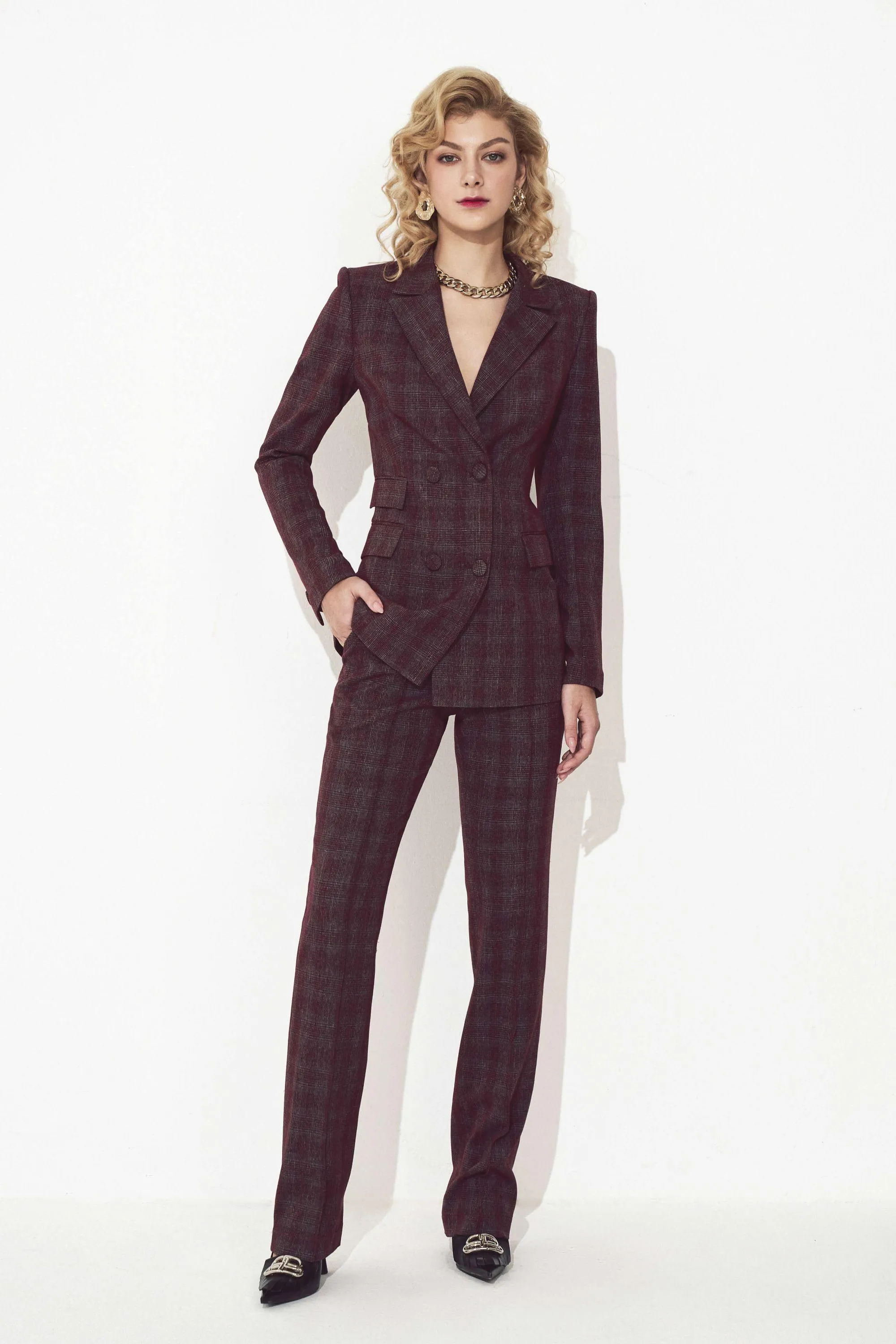 Burgundy Checked Slim Suit Jacket