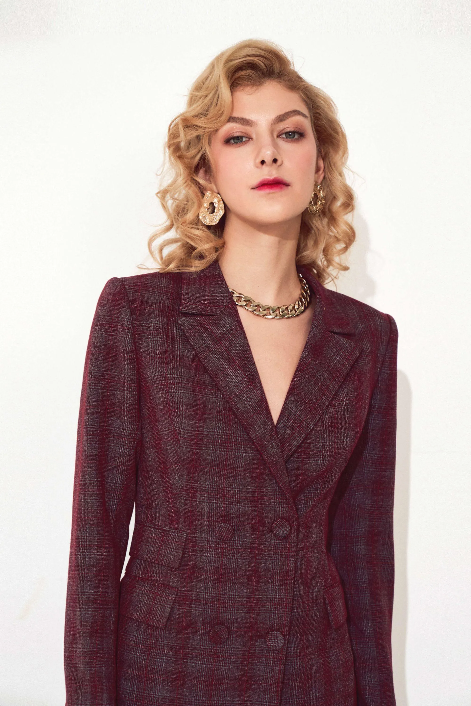 Burgundy Checked Slim Suit Jacket