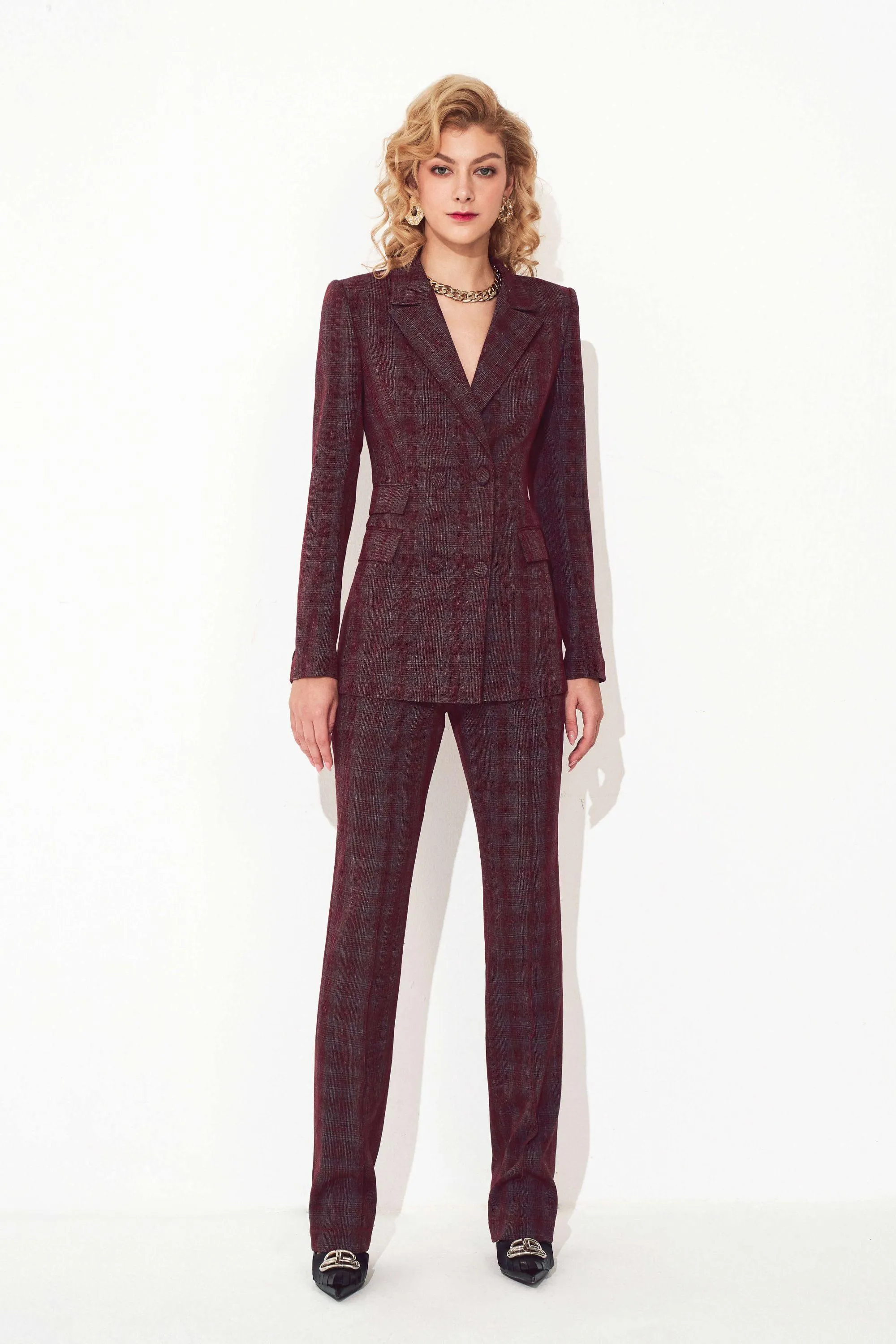 Burgundy Checked Slim Suit Jacket