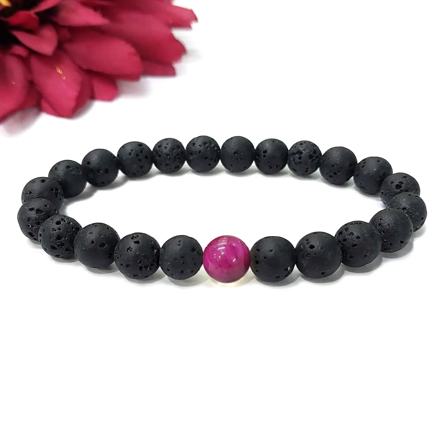 Certified Lava Natural Stone 8mm Bracelet With Pink Tiger