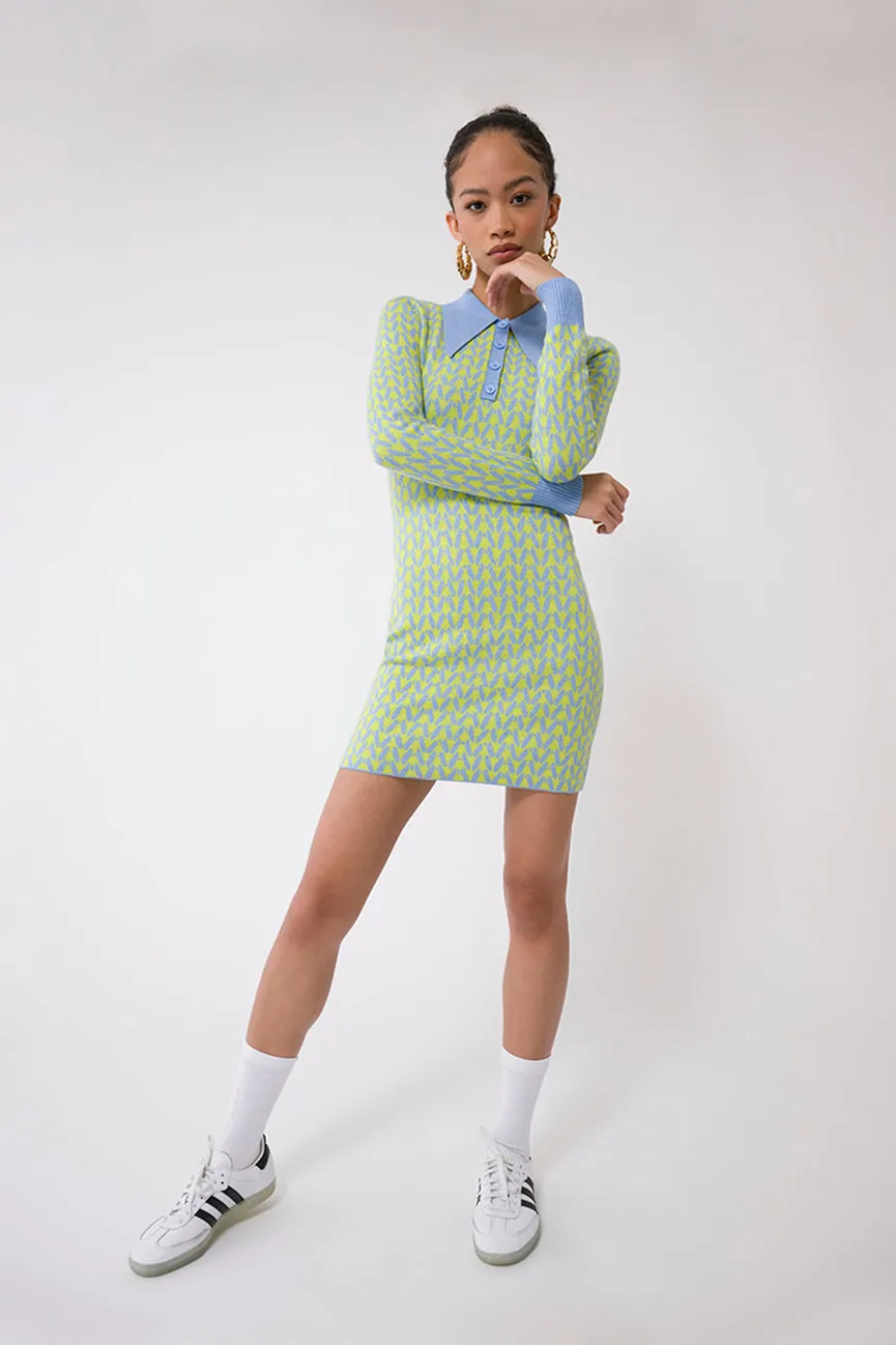 Chartreuse Stitches EcoMerino Long Sleeve Mini Polo Dress