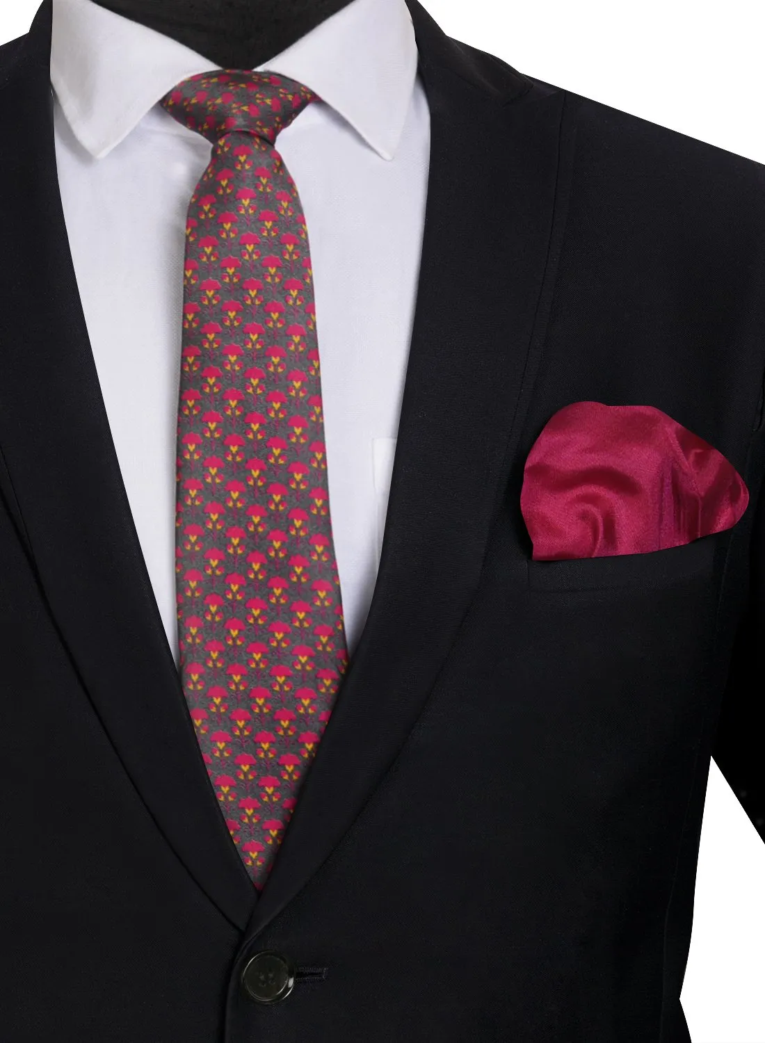 Chokore Grey & Magenta Silk Tie - Indian At Heart range & Plain Pink color Silk Pocket Square set