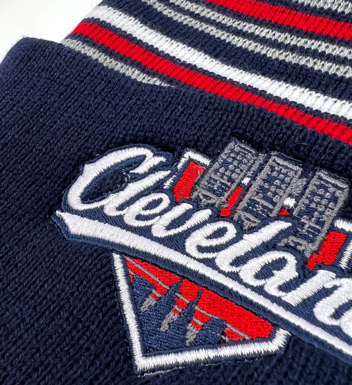 Cleveland Baseball Lights Striped Pom Pom Winter Hat