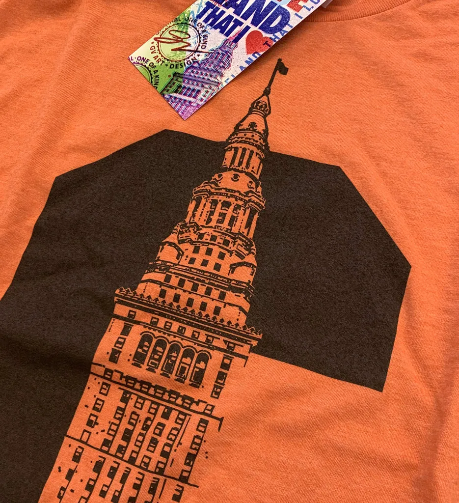 Cleveland C Terminal Tower T shirt Orange and Brown