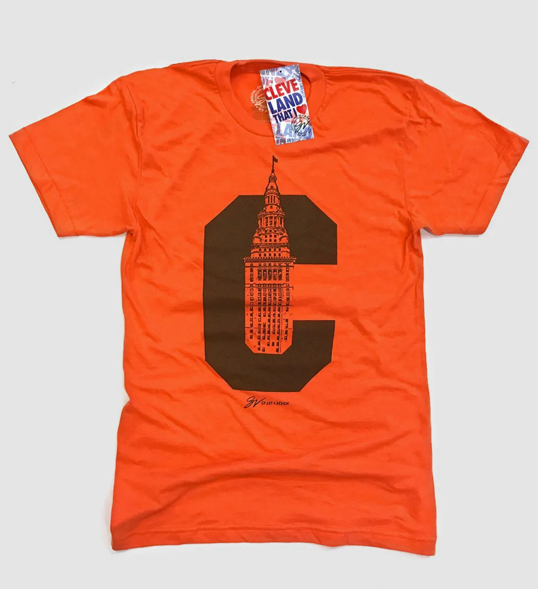 Cleveland C Terminal Tower T shirt Orange and Brown