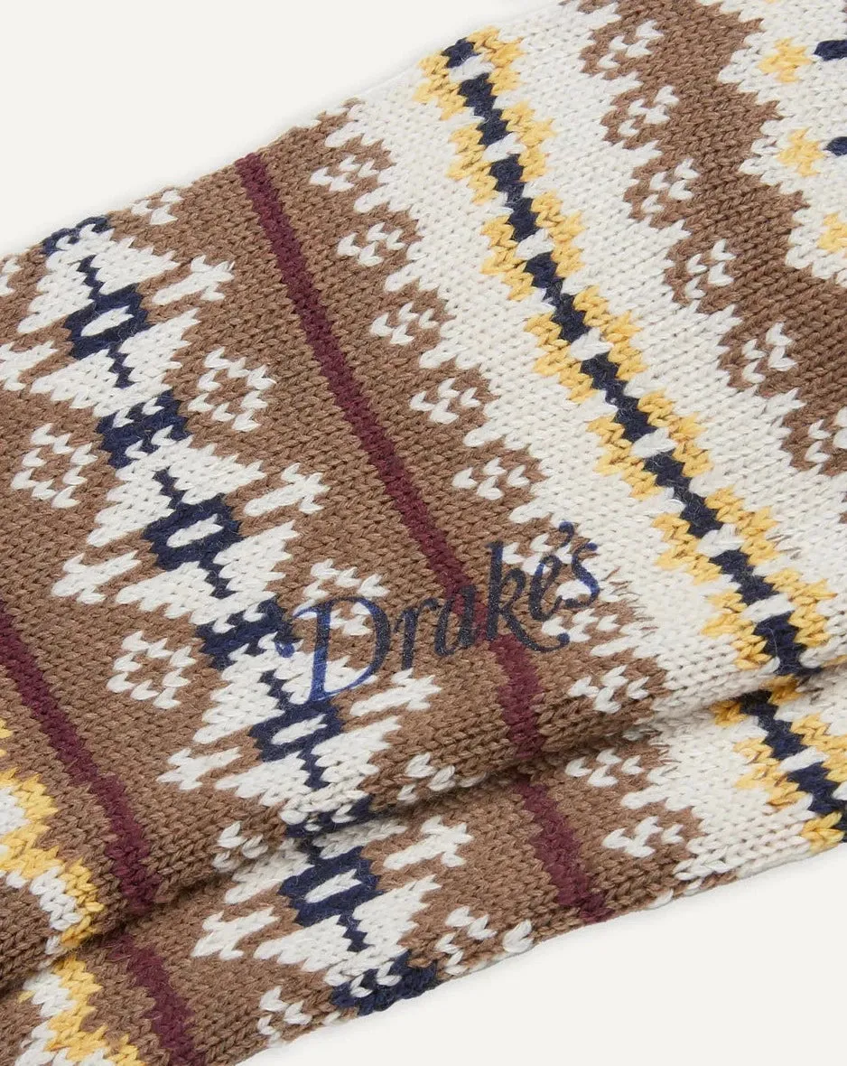 Drake's Fair Isle Wool Cotton Socks / Brown