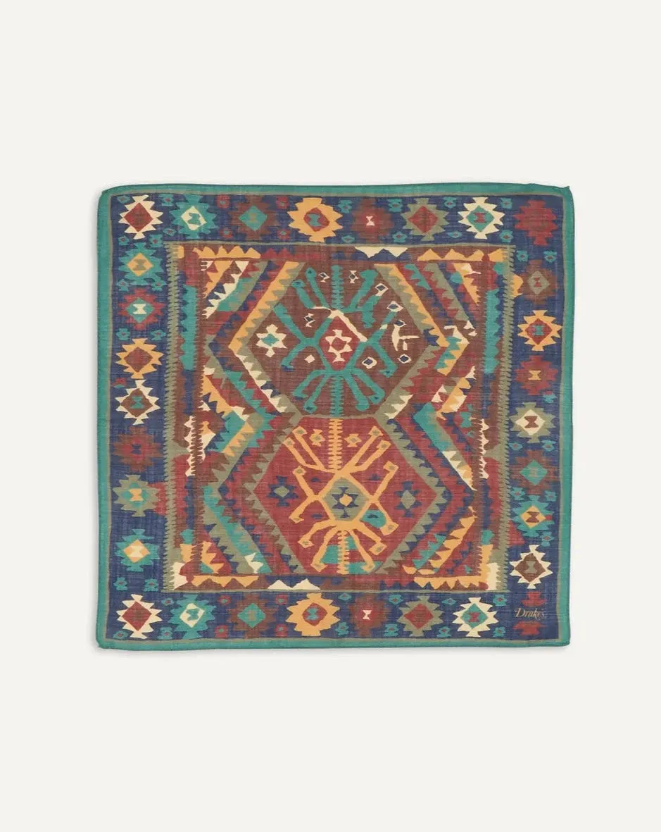 Drake's Kilim Print Wool & Silk Pocket Square / Green