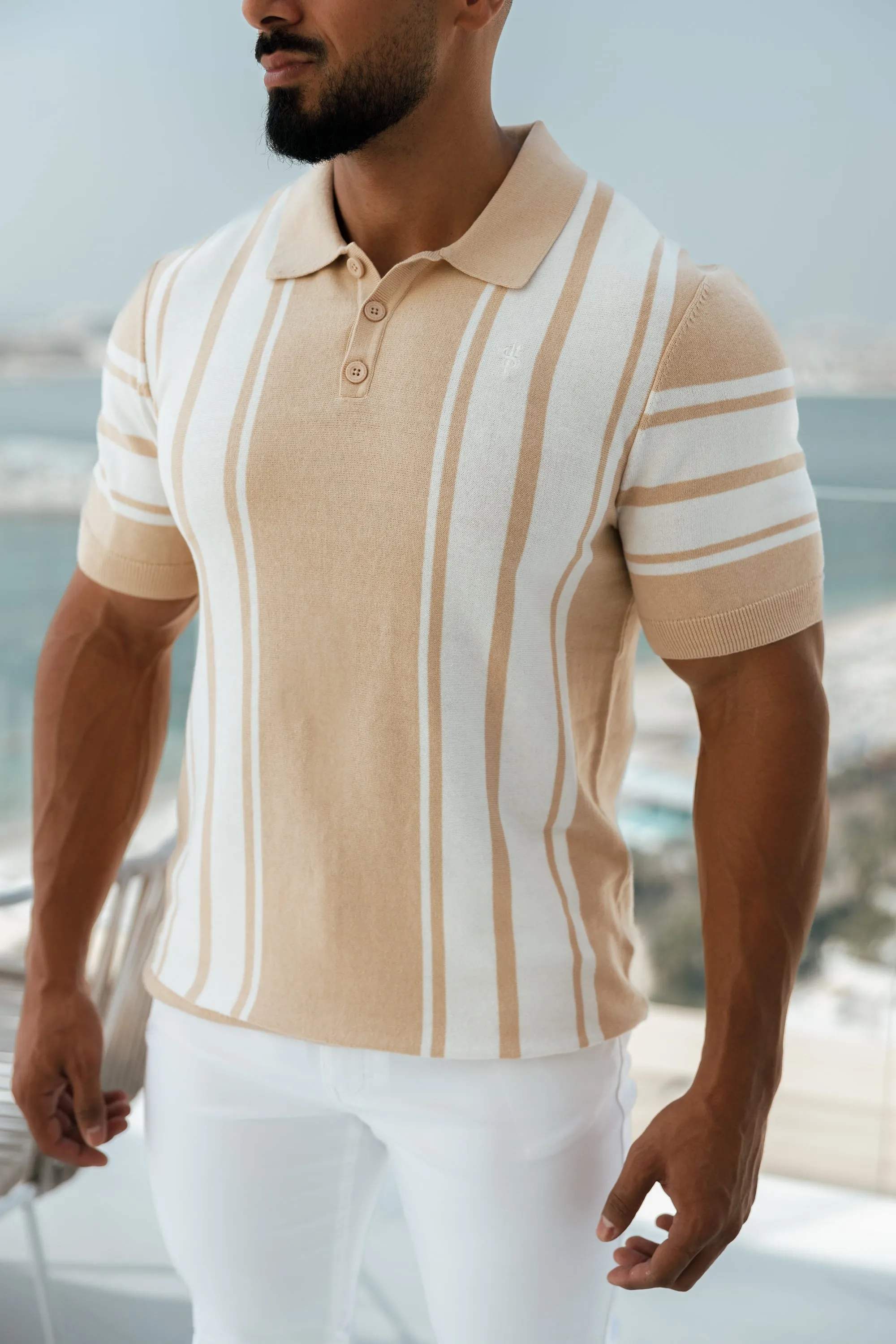 Father Sons Classic Beige / Off White Knitted Vertical Stripe Polo Short Sleeve - FSN107