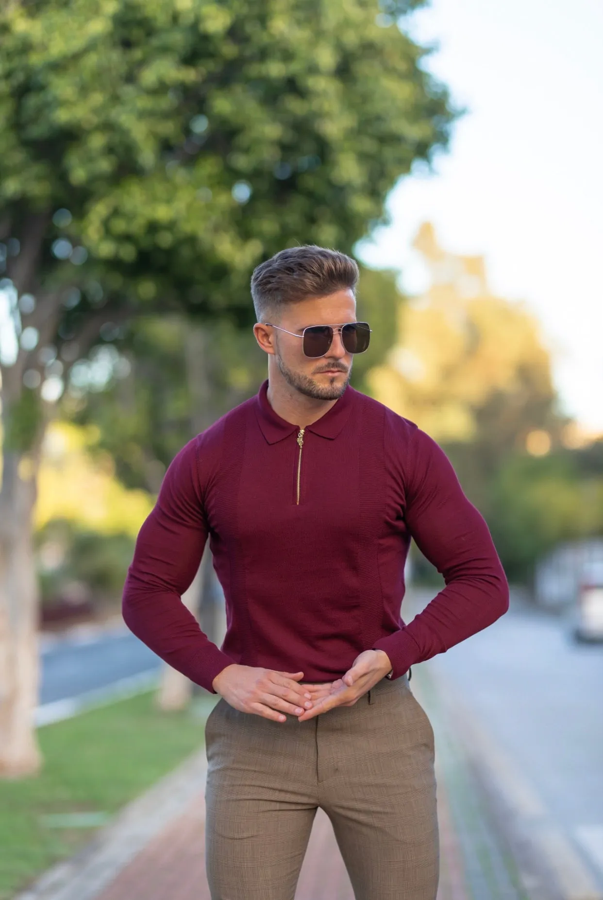 Father Sons Classic Burgundy and Gold Zip Knitted Long Sleeve Polo Shirt - FSH566