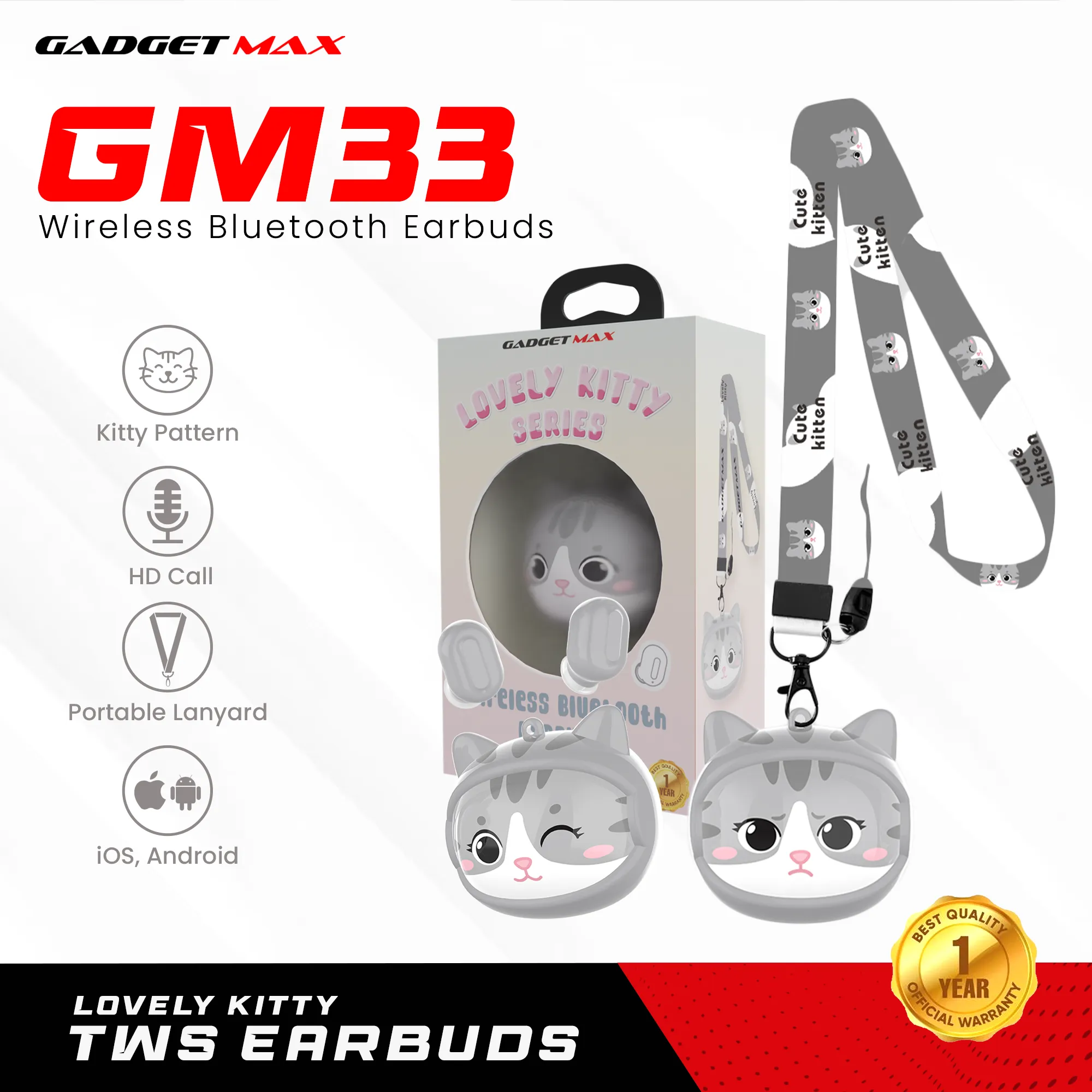 GADGET MAX GM33 LOVELY KITTY SERIES TWS Earbuds (V5.0) - GREY