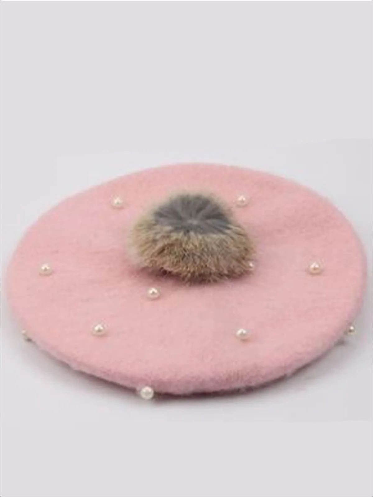 Girls Faux Pearl Fur Ball Beret