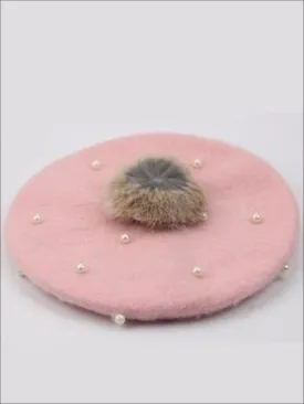 Girls Faux Pearl Fur Ball Beret