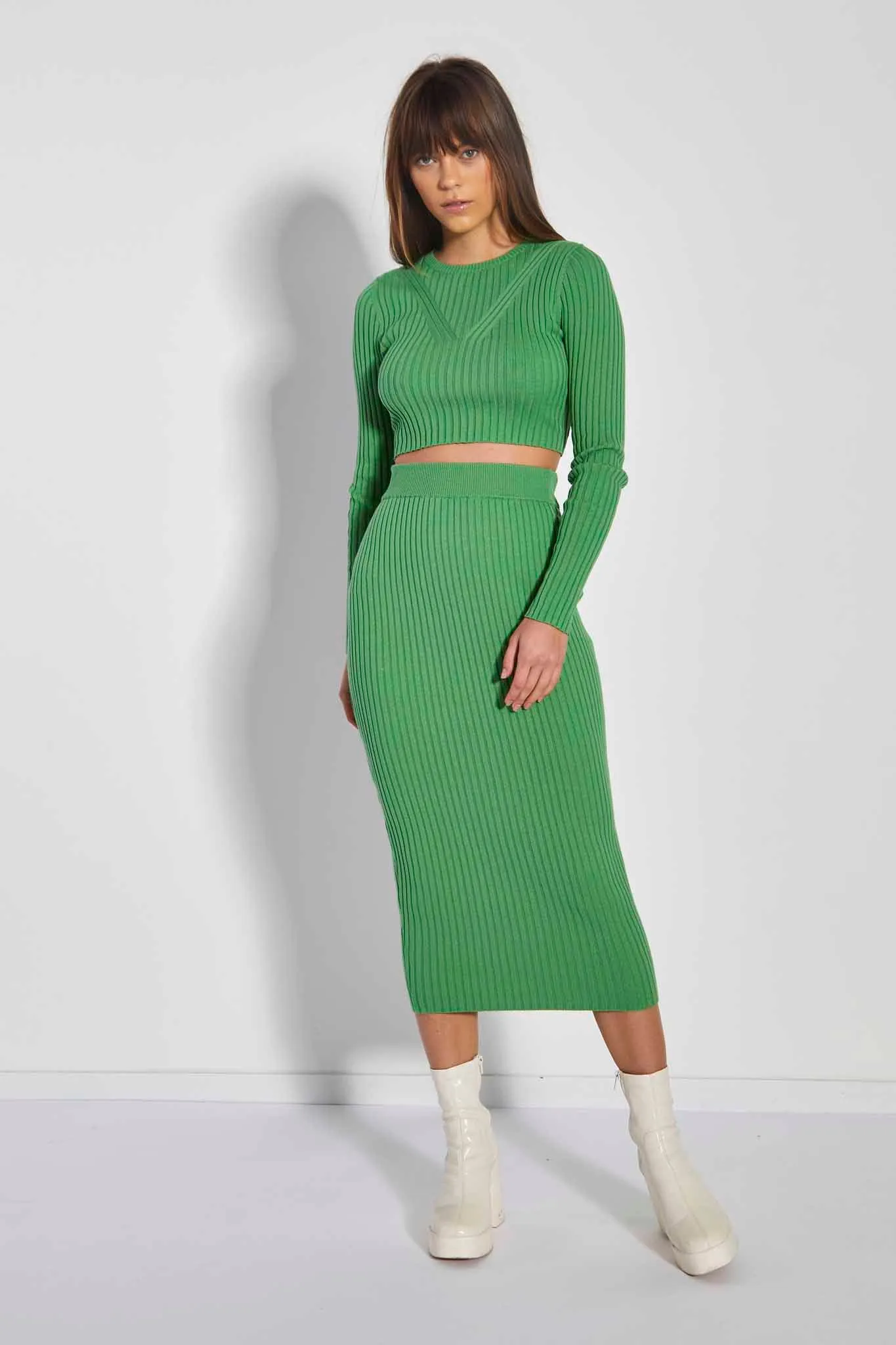 Glamorous Care Apple Green Rib Knit Long Sleeve Crop Top