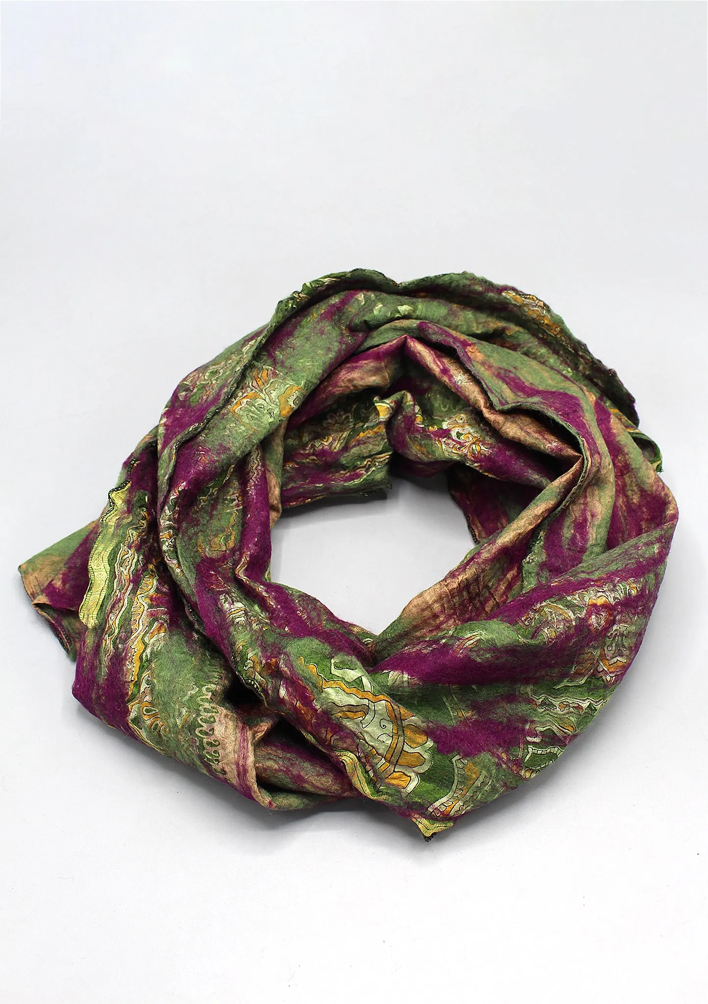 Green Purple Multicolor Printed Silk and Felt Women's Scarf