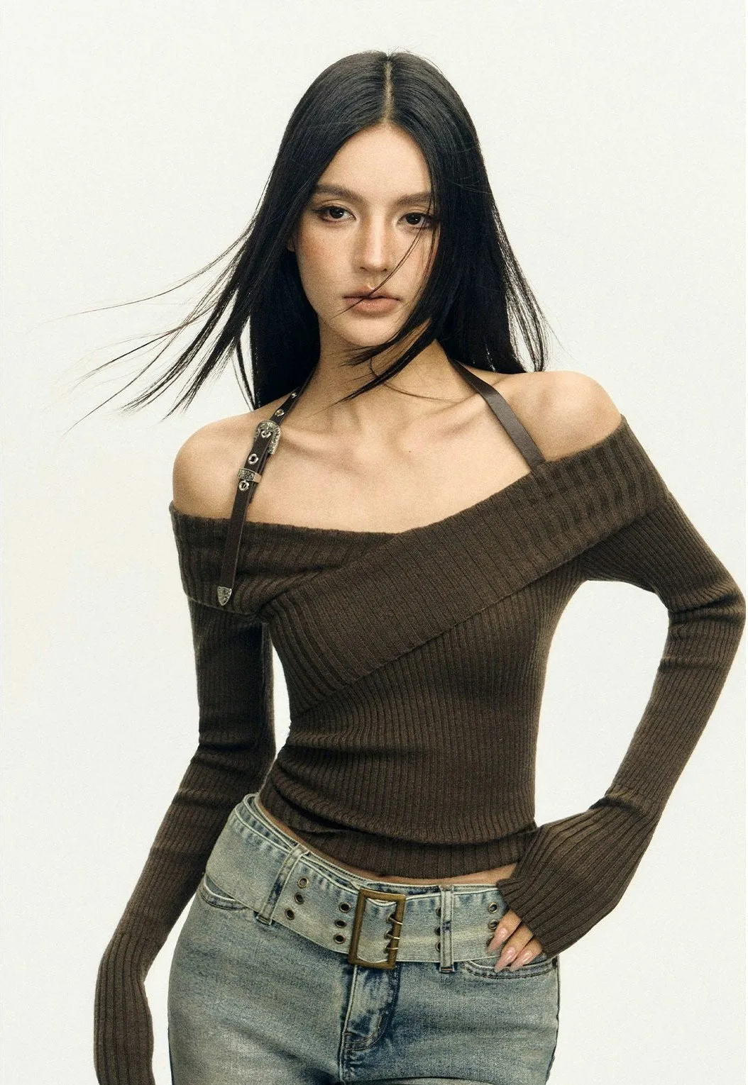 Halter Neck Ribbed Knit Long Sleeve Top