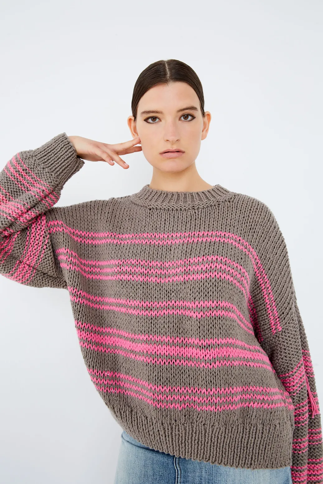 HAND KNITTED COTTON JUMPER WITH PINK STRIPES