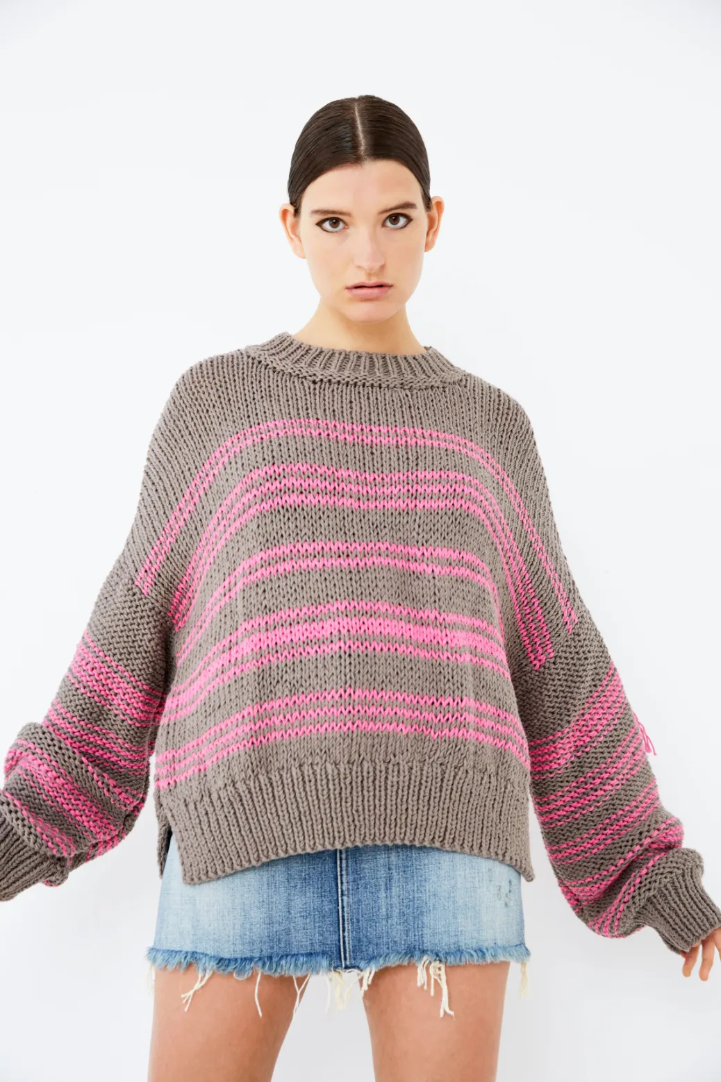 HAND KNITTED COTTON JUMPER WITH PINK STRIPES