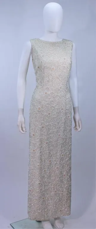 JO RO IMPORTS 1950's White Iridescent Floral Sequin Beaded Gown Wedding Size 14