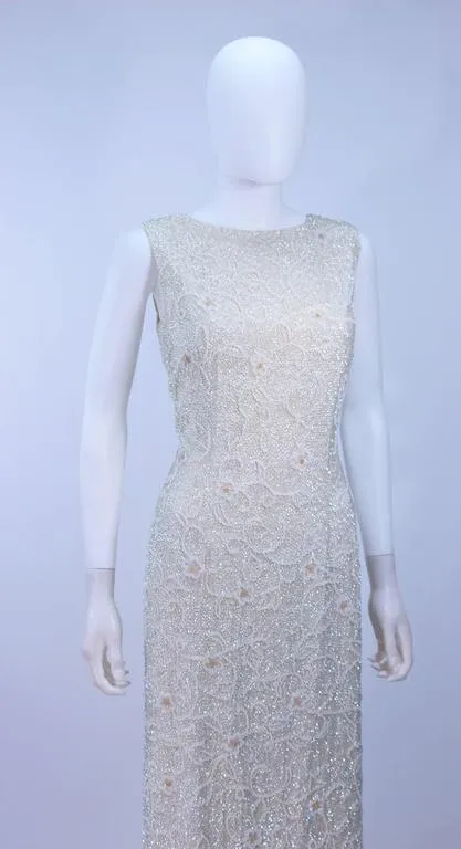 JO RO IMPORTS 1950's White Iridescent Floral Sequin Beaded Gown Wedding Size 14