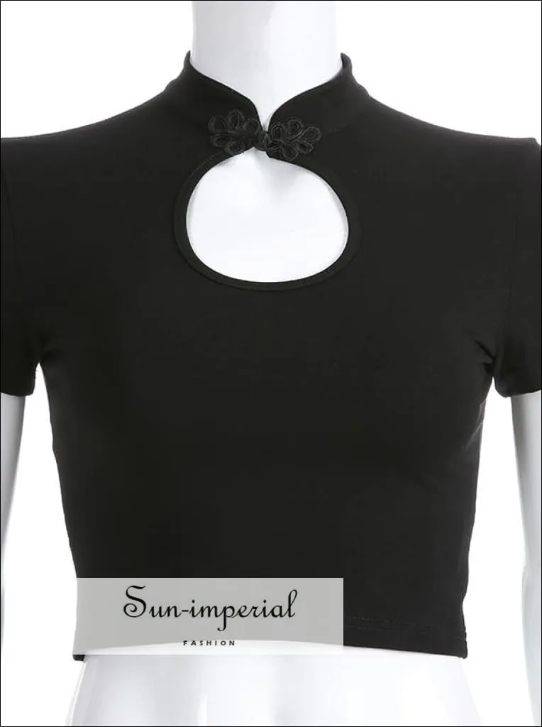 Mandarin Collar Fit Tee with Open Neckline Cut out Cotton Spandex Slim top with Frogging Button