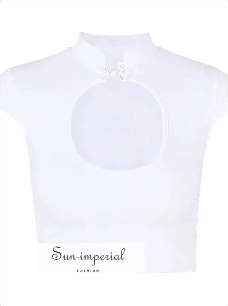 Mandarin Collar Fit Tee with Open Neckline Cut out Cotton Spandex Slim top with Frogging Button