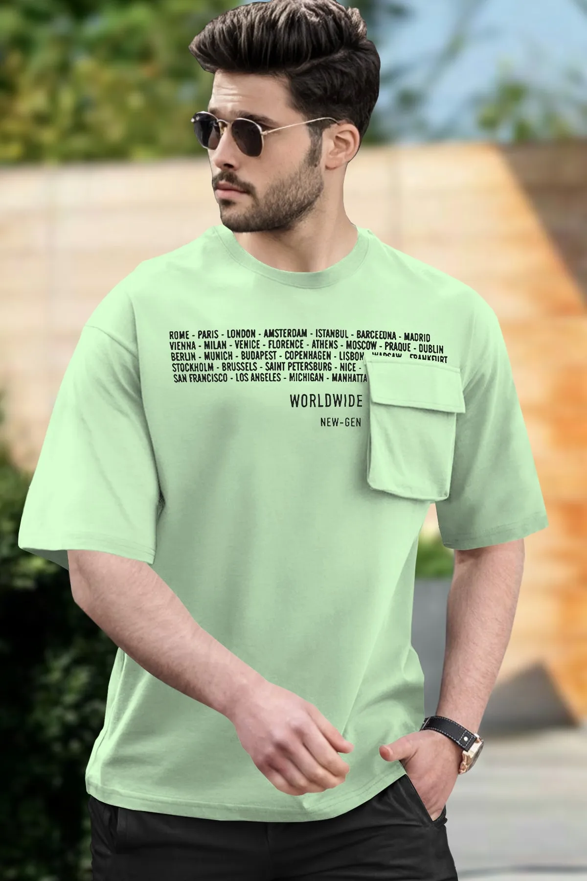 Men Apple green oversized flap pocket T-Shirt