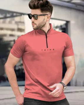 Men plain Pink Half Sleeve Zip Neck T-Shirt