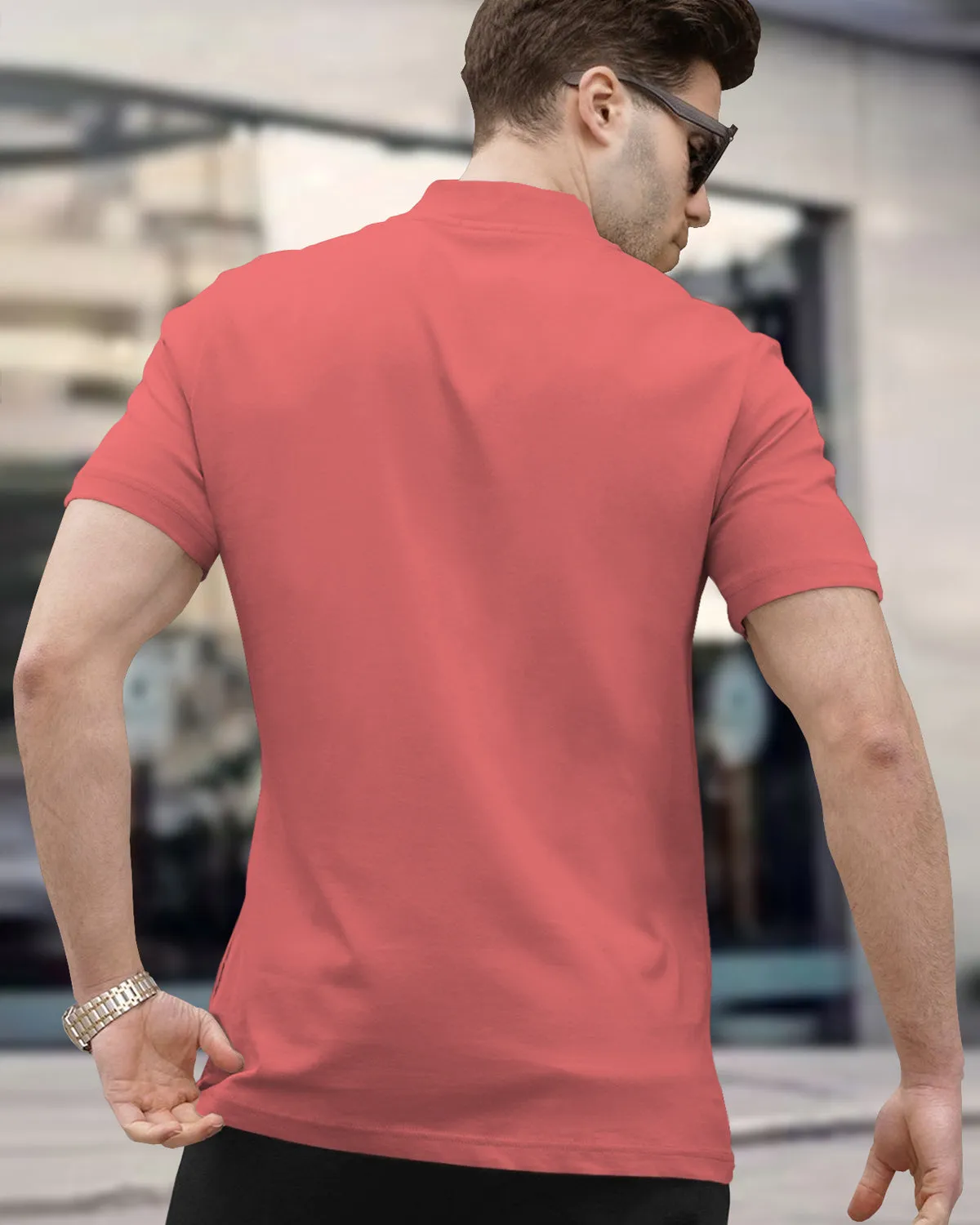 Men plain Pink Half Sleeve Zip Neck T-Shirt