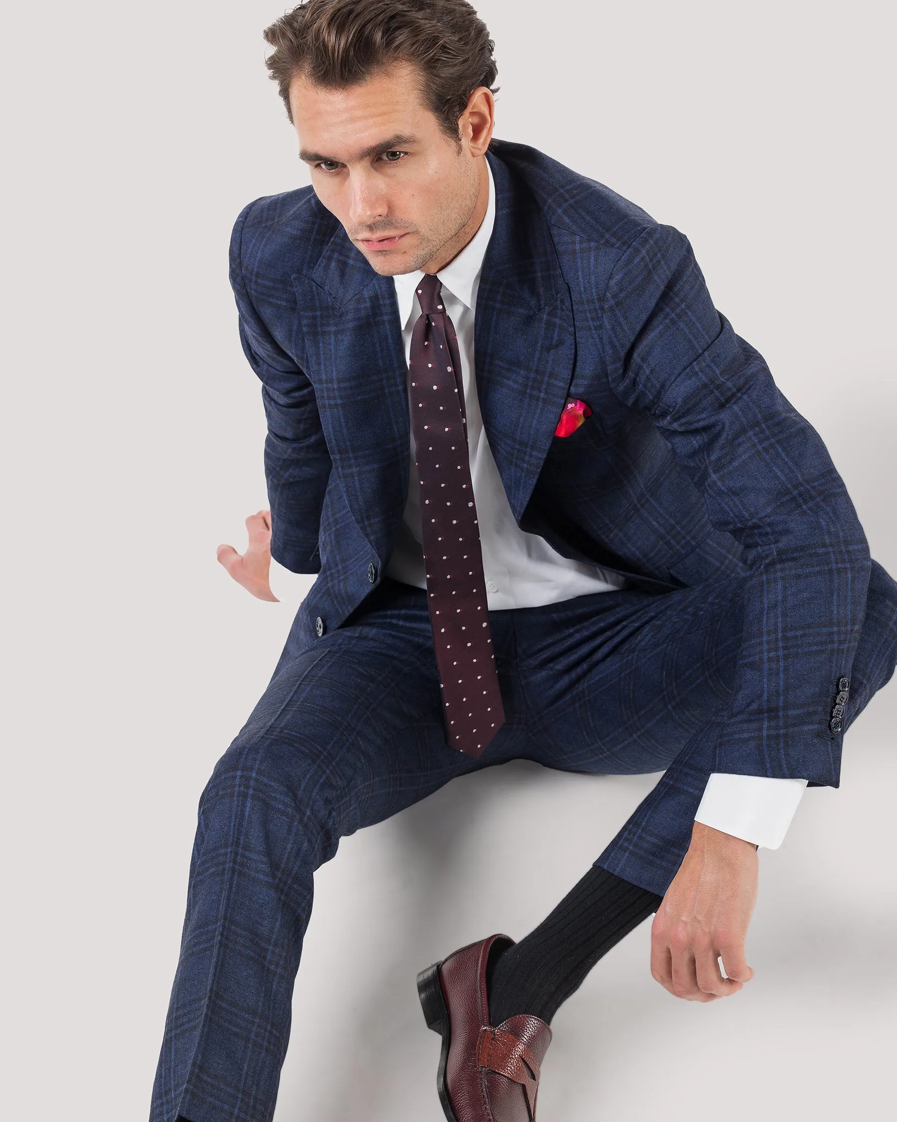 Navy Check Wool & Cashmere Ultra Peak Blazer