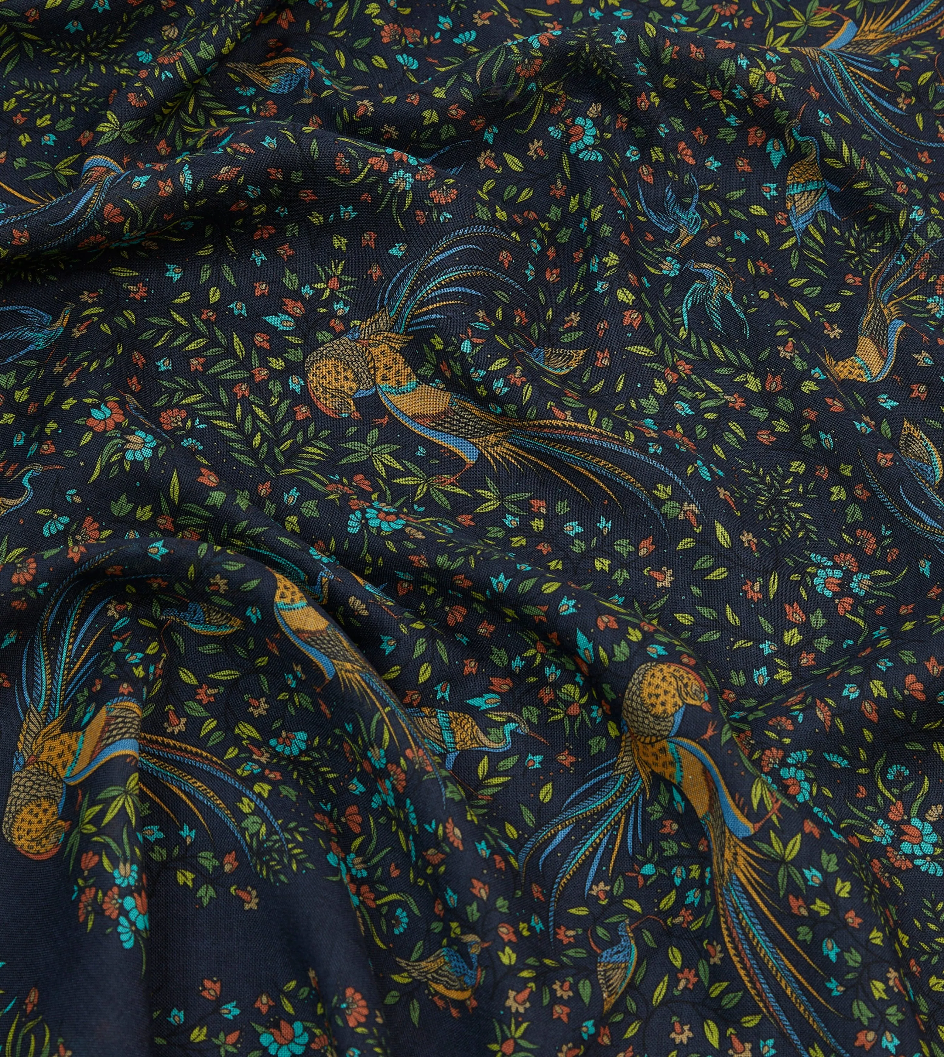 Navy Floral Birds of Paradise Print Wool-Silk Scarf