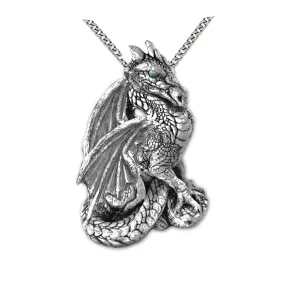 NEW: Solid Silver Dragon Necklace With Small Emerald, Handmade Dragon