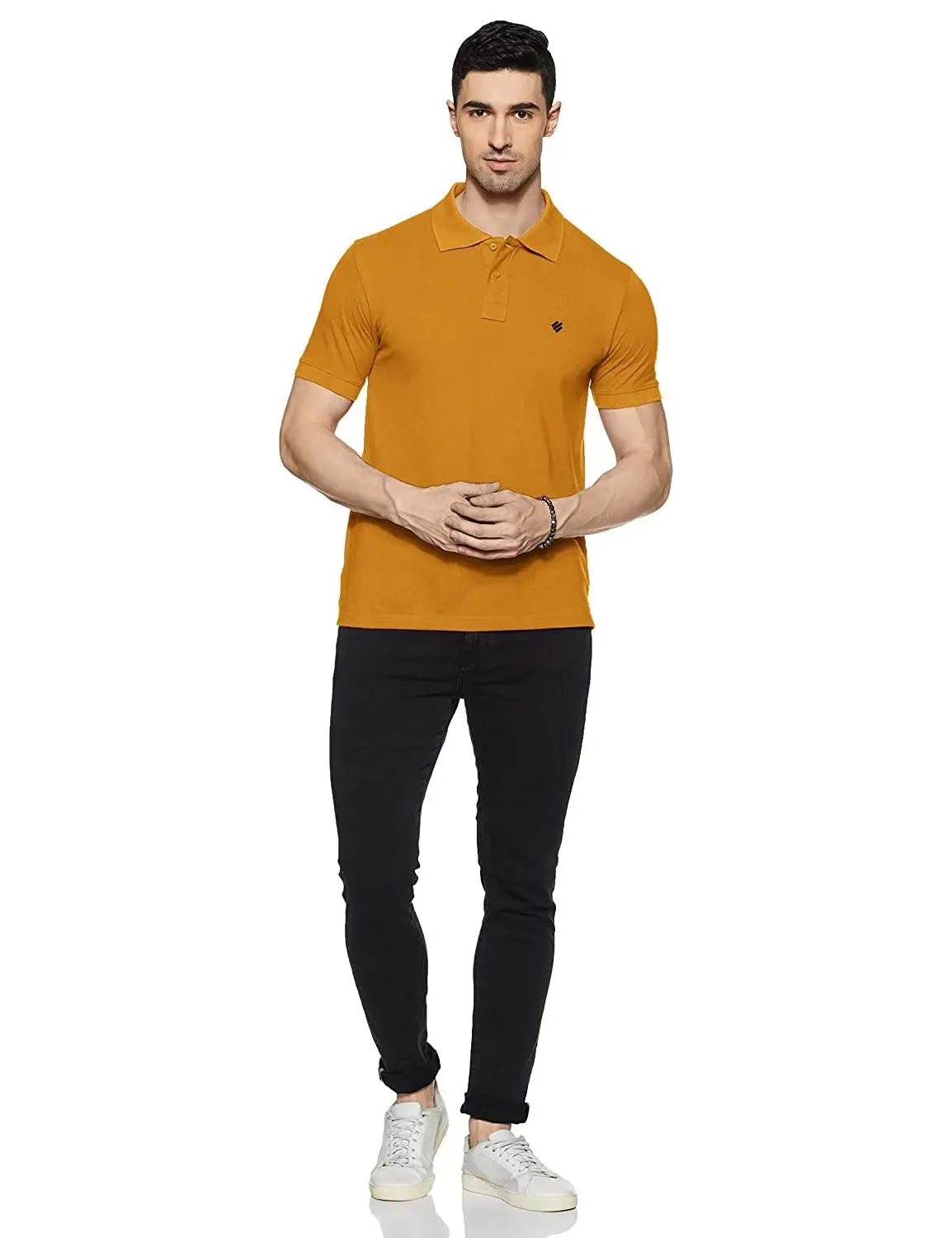 ONN Men's Cotton Polo T-Shirt (Pack of 2) in Solid Black Melange-Mustard colours