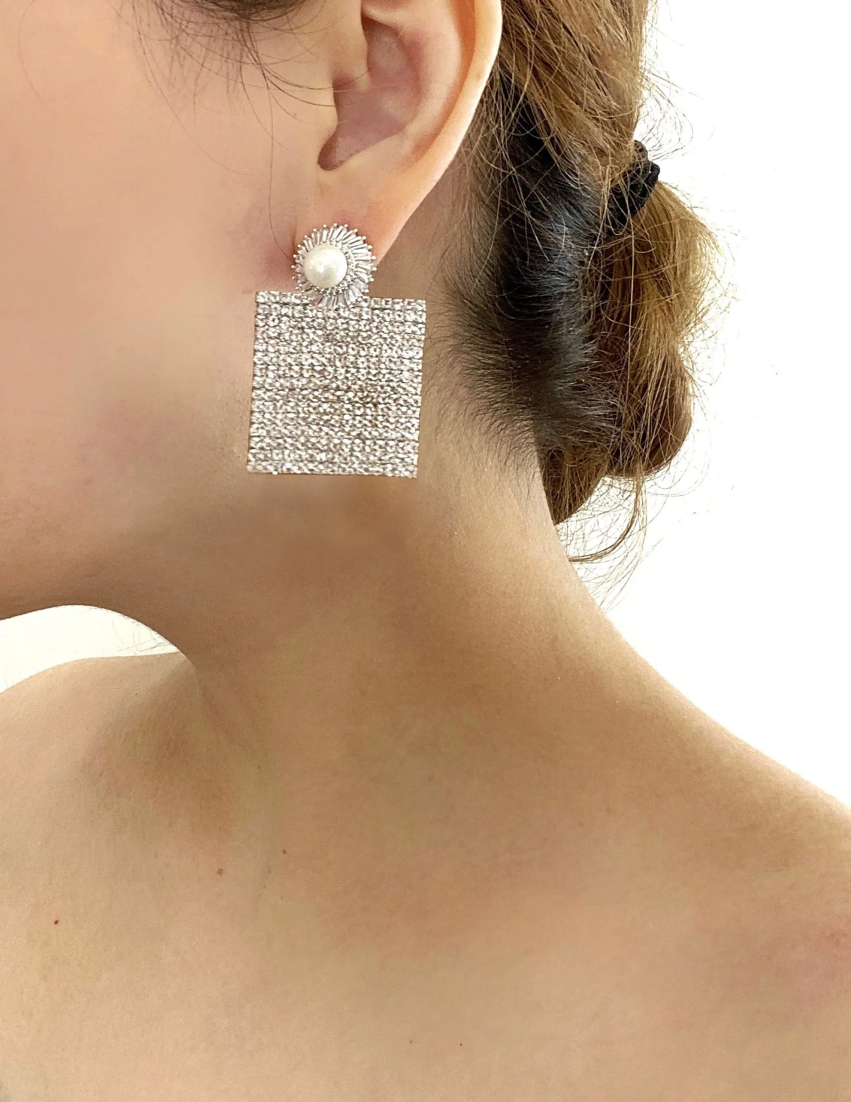 PEARL STUD SQUARED CRYSTAL PAVE DROP EARRINGS