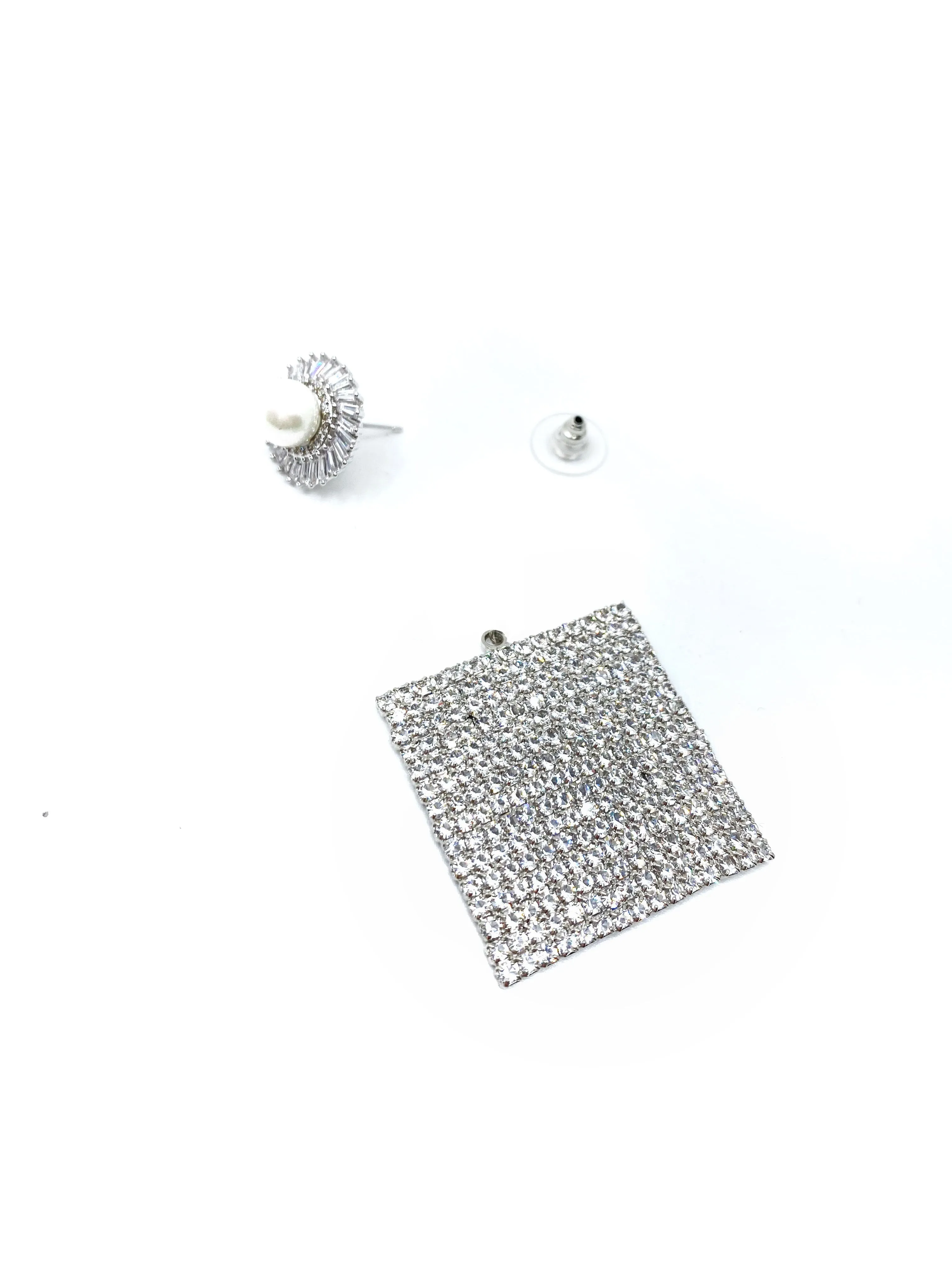 PEARL STUD SQUARED CRYSTAL PAVE DROP EARRINGS