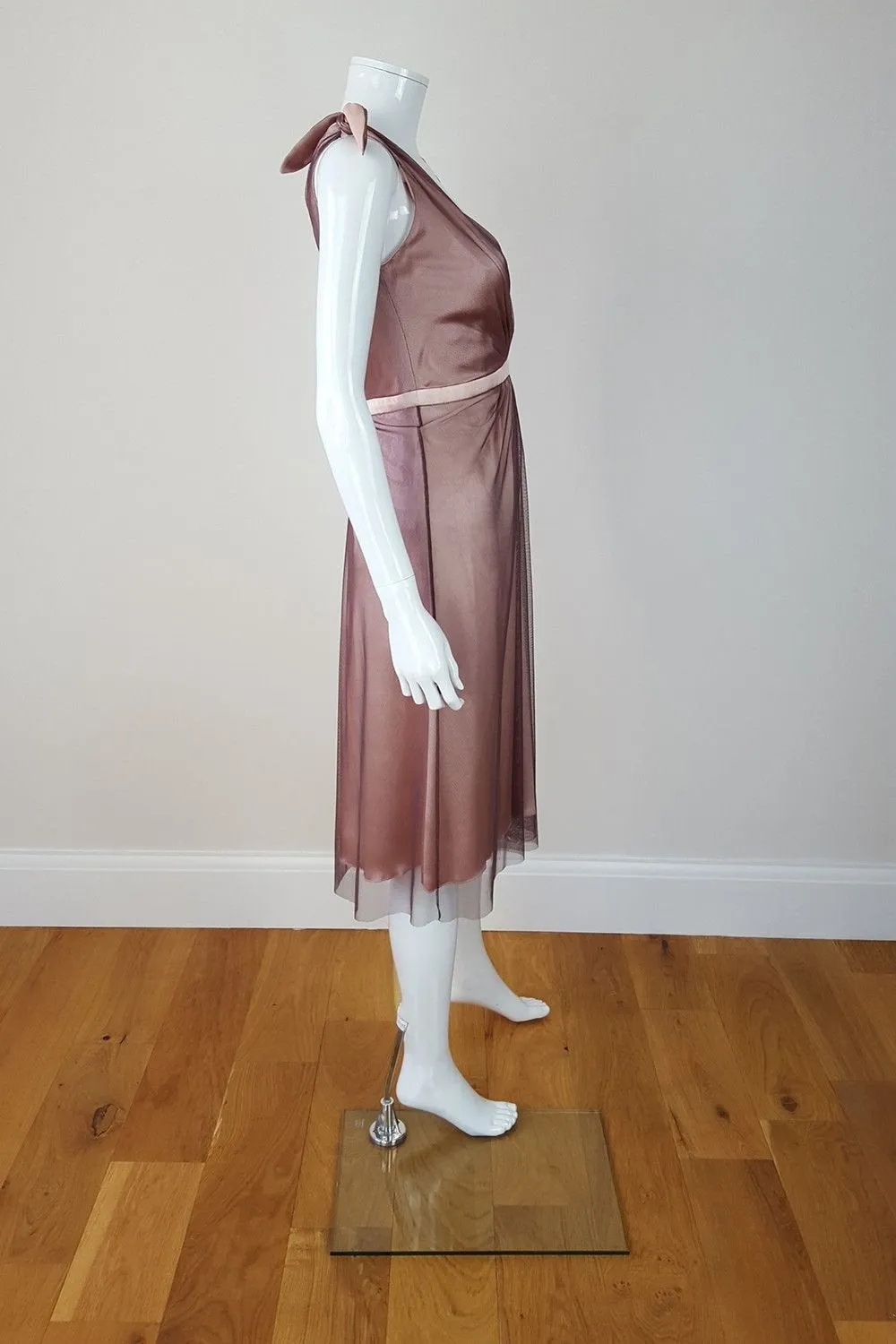 PRINGLE OF SCOTLAND Silk Deep V Neck Pink Cocktail Dress (UK 10)