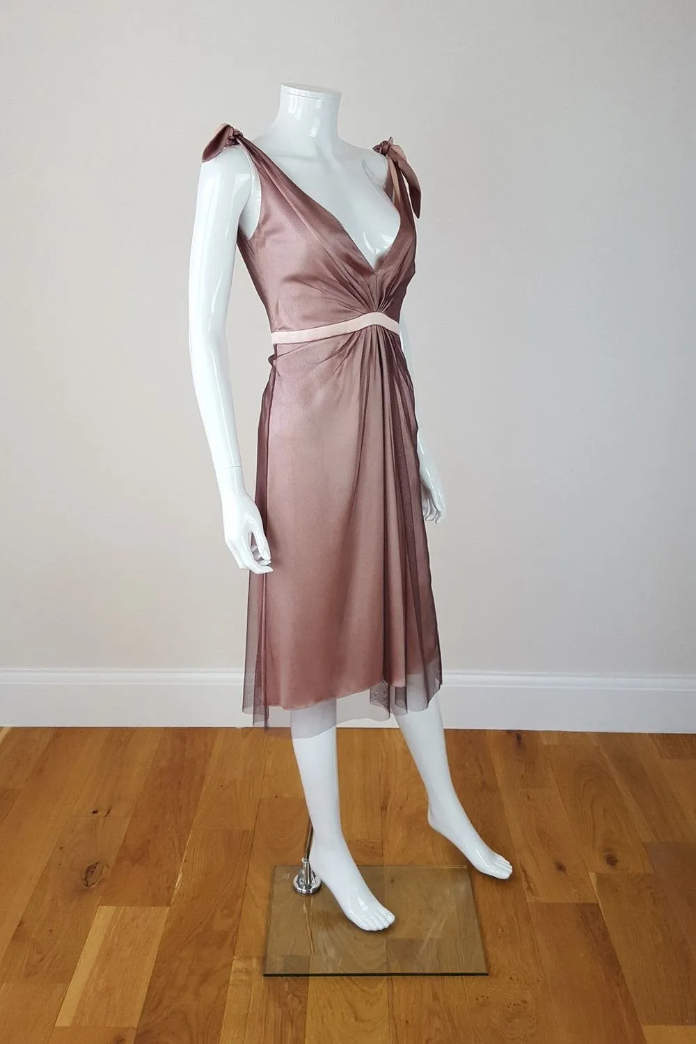 PRINGLE OF SCOTLAND Silk Deep V Neck Pink Cocktail Dress (UK 10)