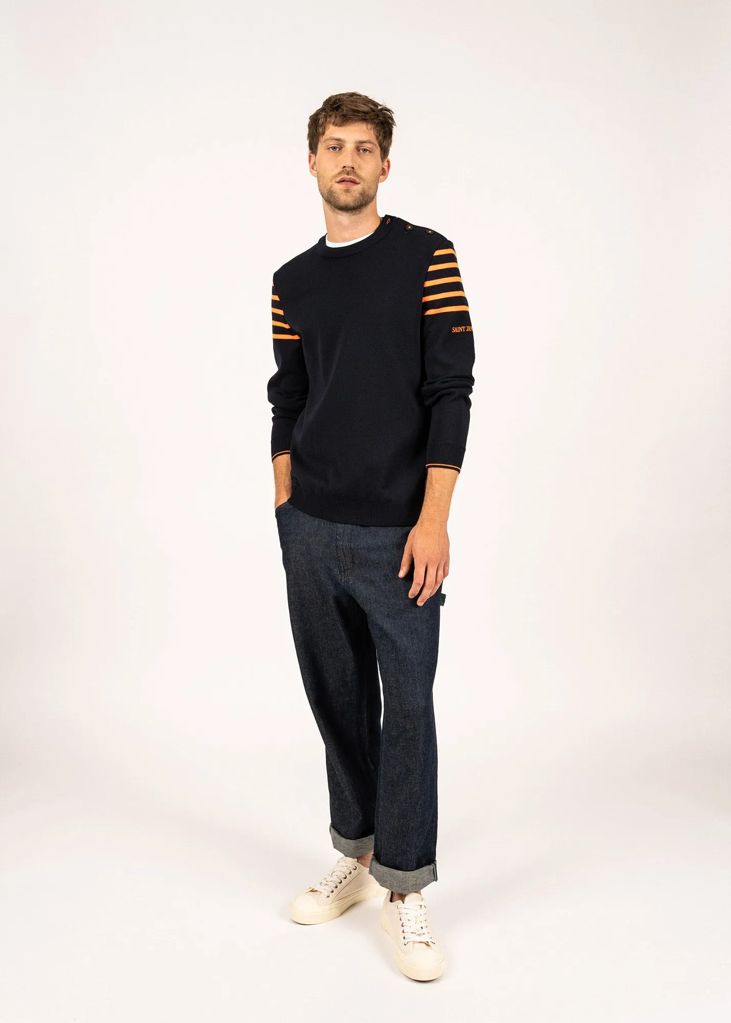 Sablons sailor jumper with shoulder striped yokes-  buttoned round neck, in wool (NAVY/ORANGE FLUO)