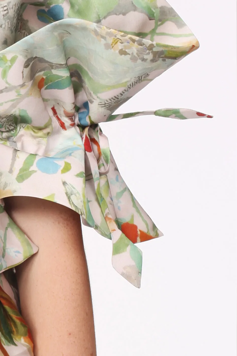 Squarish Sleeves Origami Silk Organdy Dress / Paper Collage Print