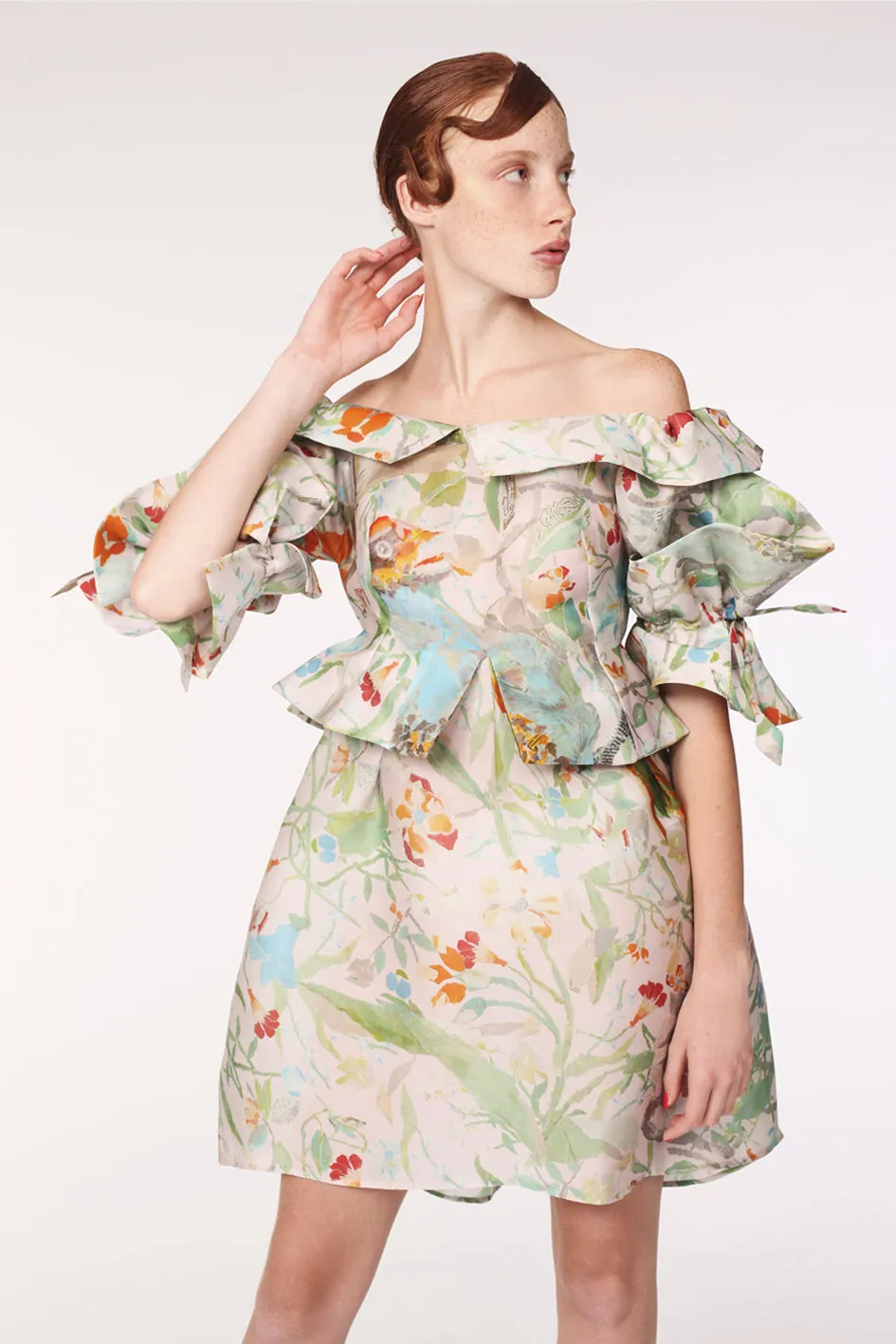 Squarish Sleeves Origami Silk Organdy Dress / Paper Collage Print