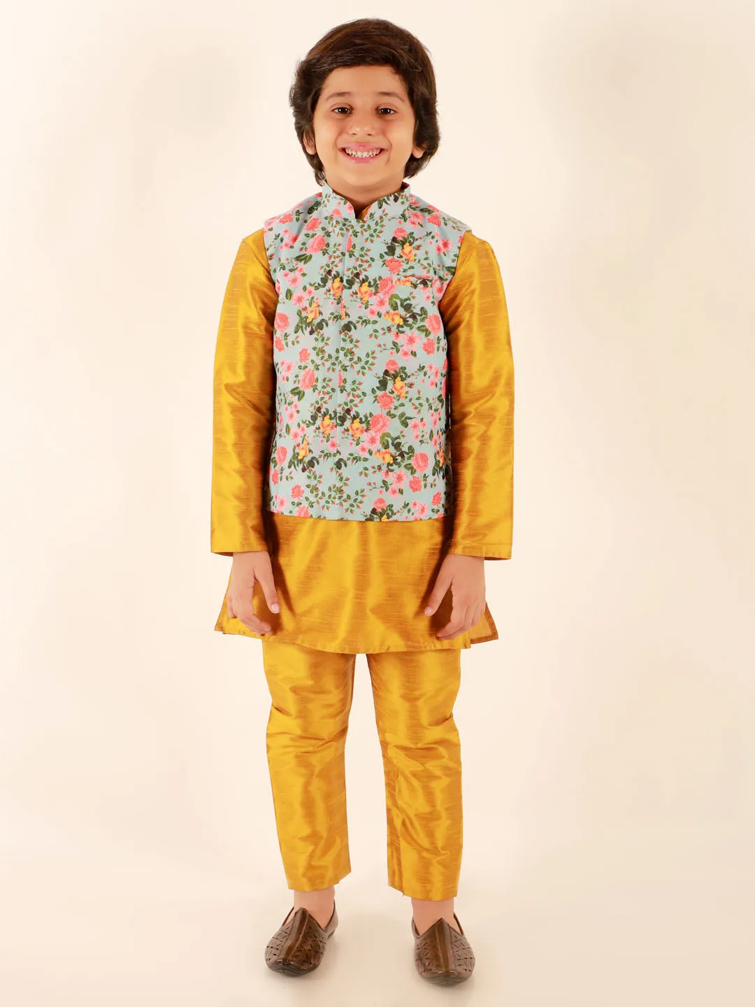 Vastramay Boy's Aqua Floral Printed Nehru Jacket With Mustard Kurta And Pyjama Set