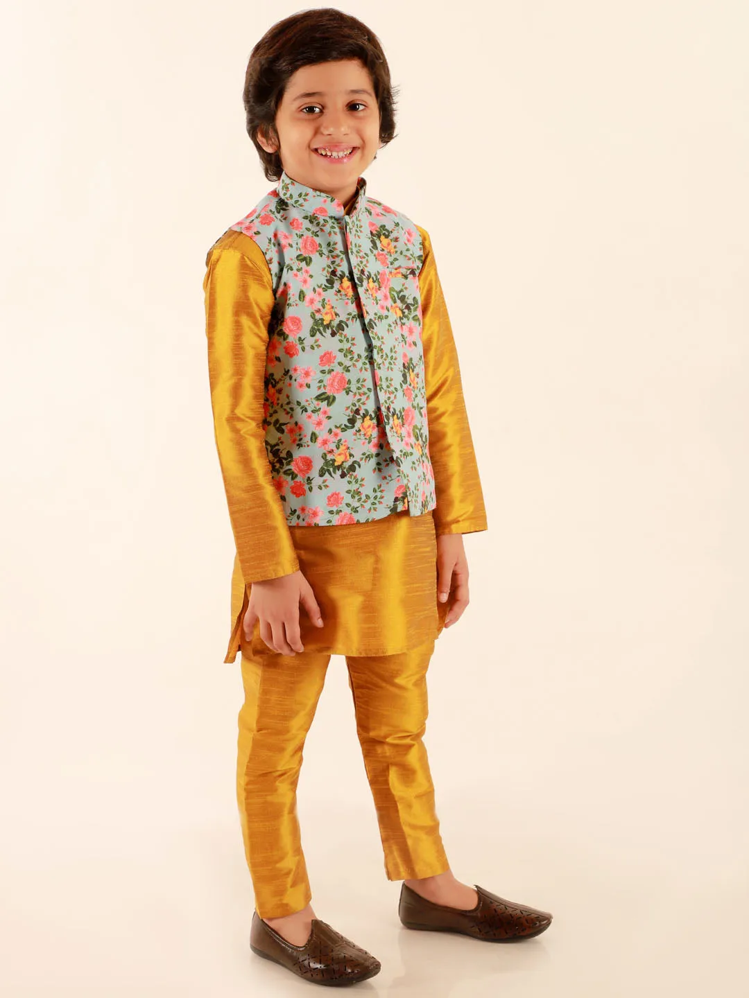 Vastramay Boy's Aqua Floral Printed Nehru Jacket With Mustard Kurta And Pyjama Set