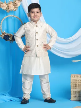 Vastramay Boy's Beige Nehru Jacket With Cream Kurta And Pyjama Set