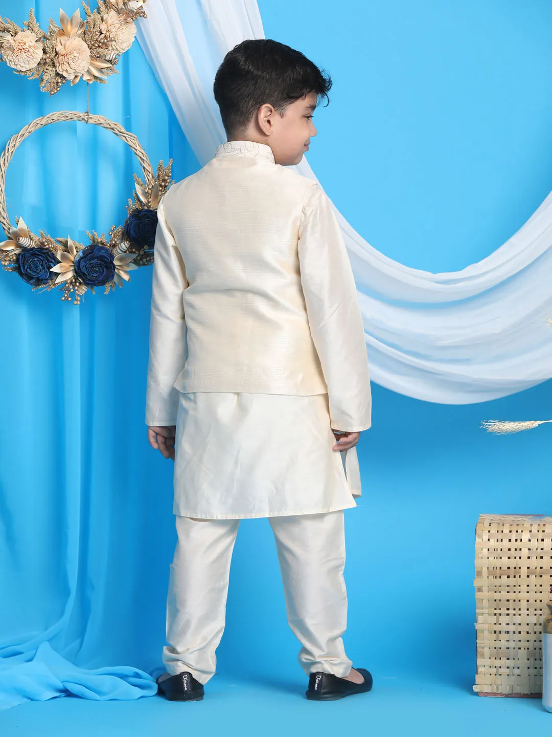 Vastramay Boy's Beige Nehru Jacket With Cream Kurta And Pyjama Set