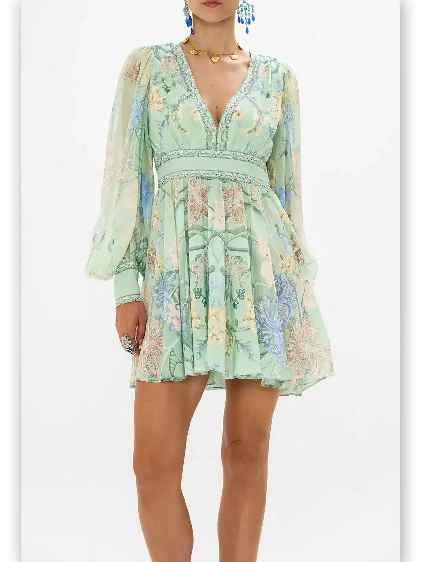 Women’s Blouson-Sleeve Printed Plunged V-Neck Silk Mini Dress in Mint