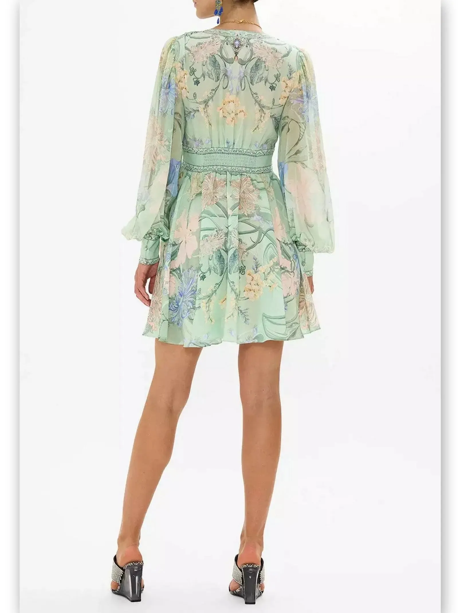 Women’s Blouson-Sleeve Printed Plunged V-Neck Silk Mini Dress in Mint