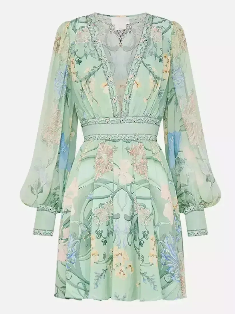 Women’s Blouson-Sleeve Printed Plunged V-Neck Silk Mini Dress in Mint