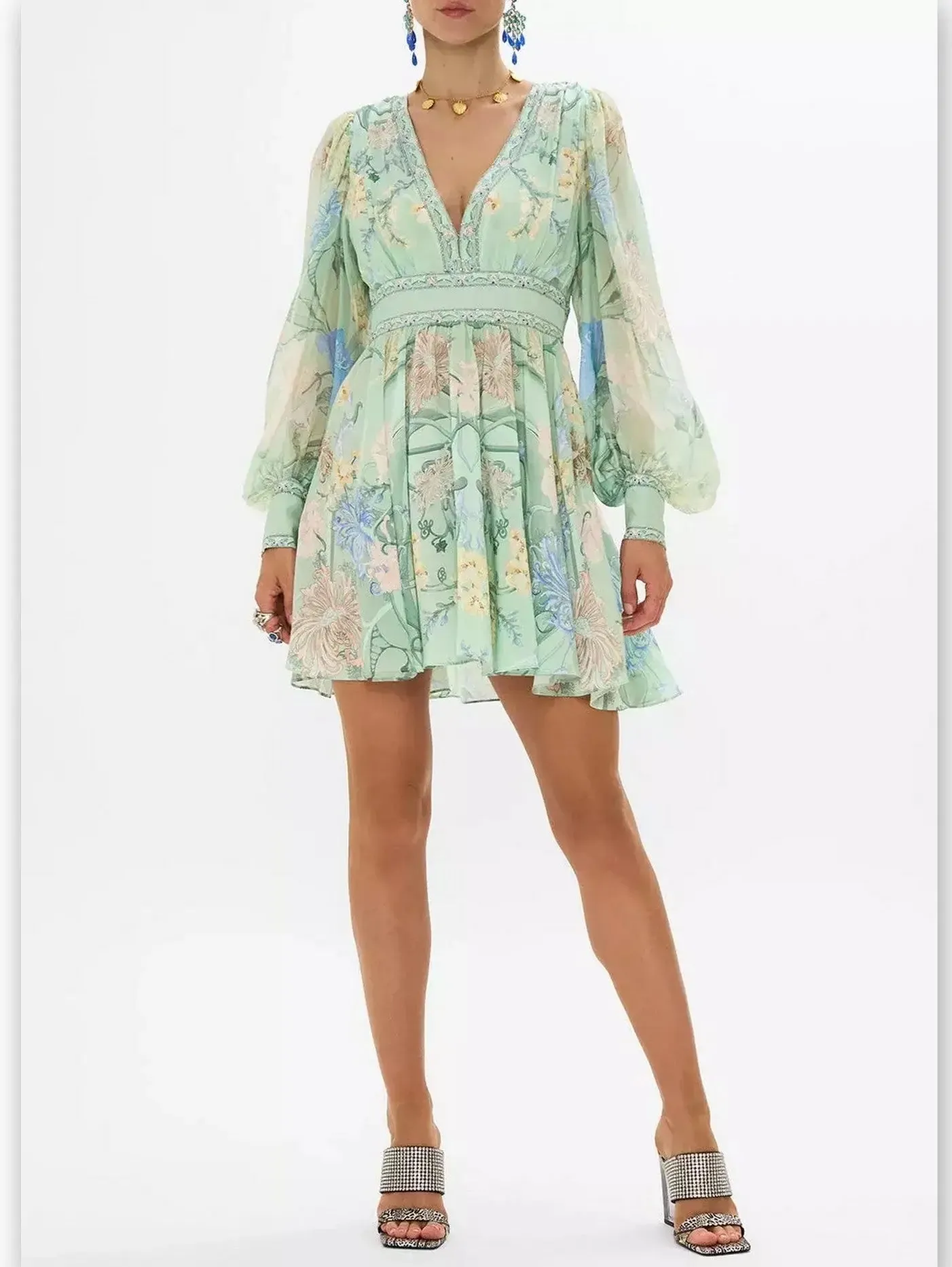 Women’s Blouson-Sleeve Printed Plunged V-Neck Silk Mini Dress in Mint